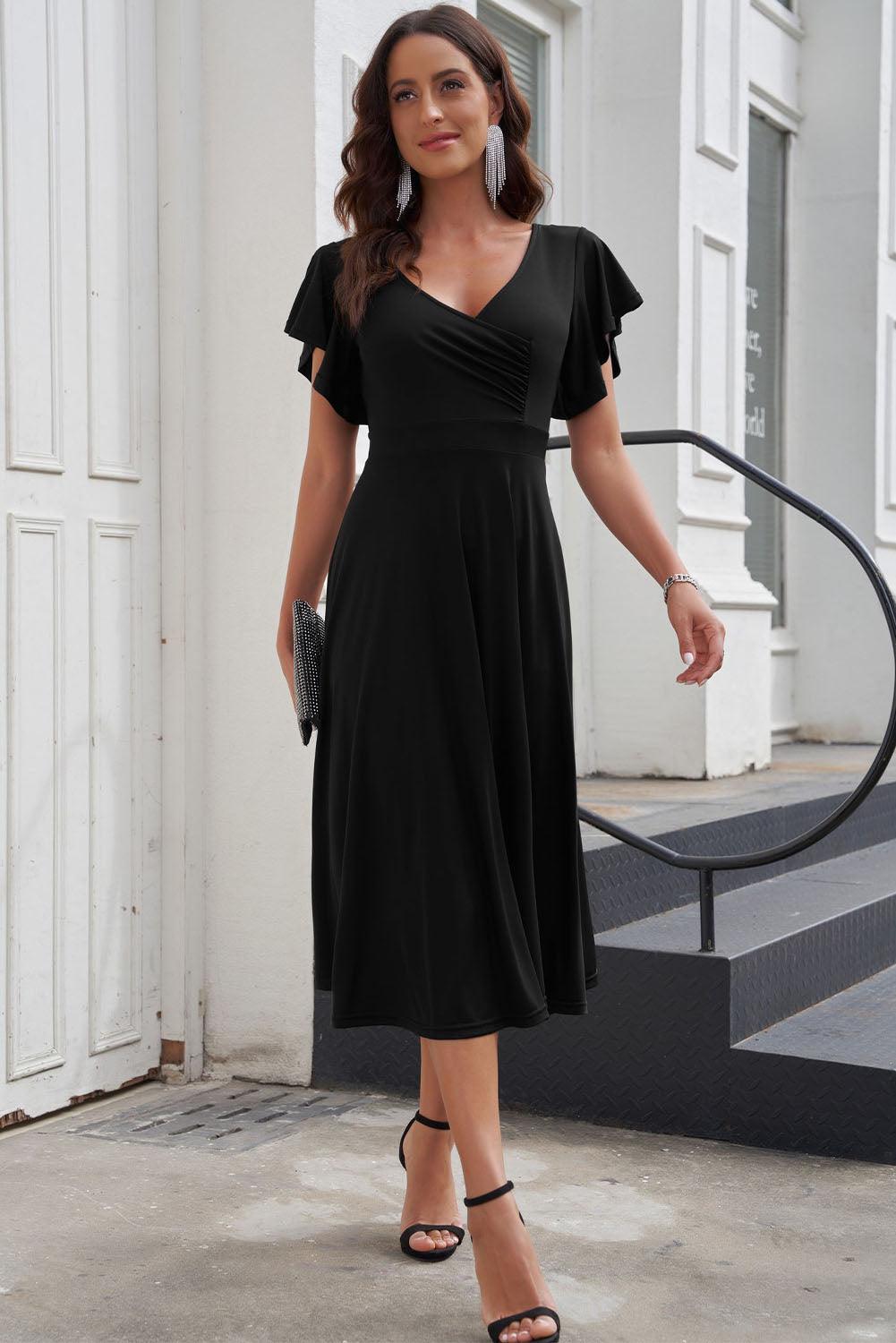 Flutter Sleeve Surplice Midi Dress - LuxNovaHub 