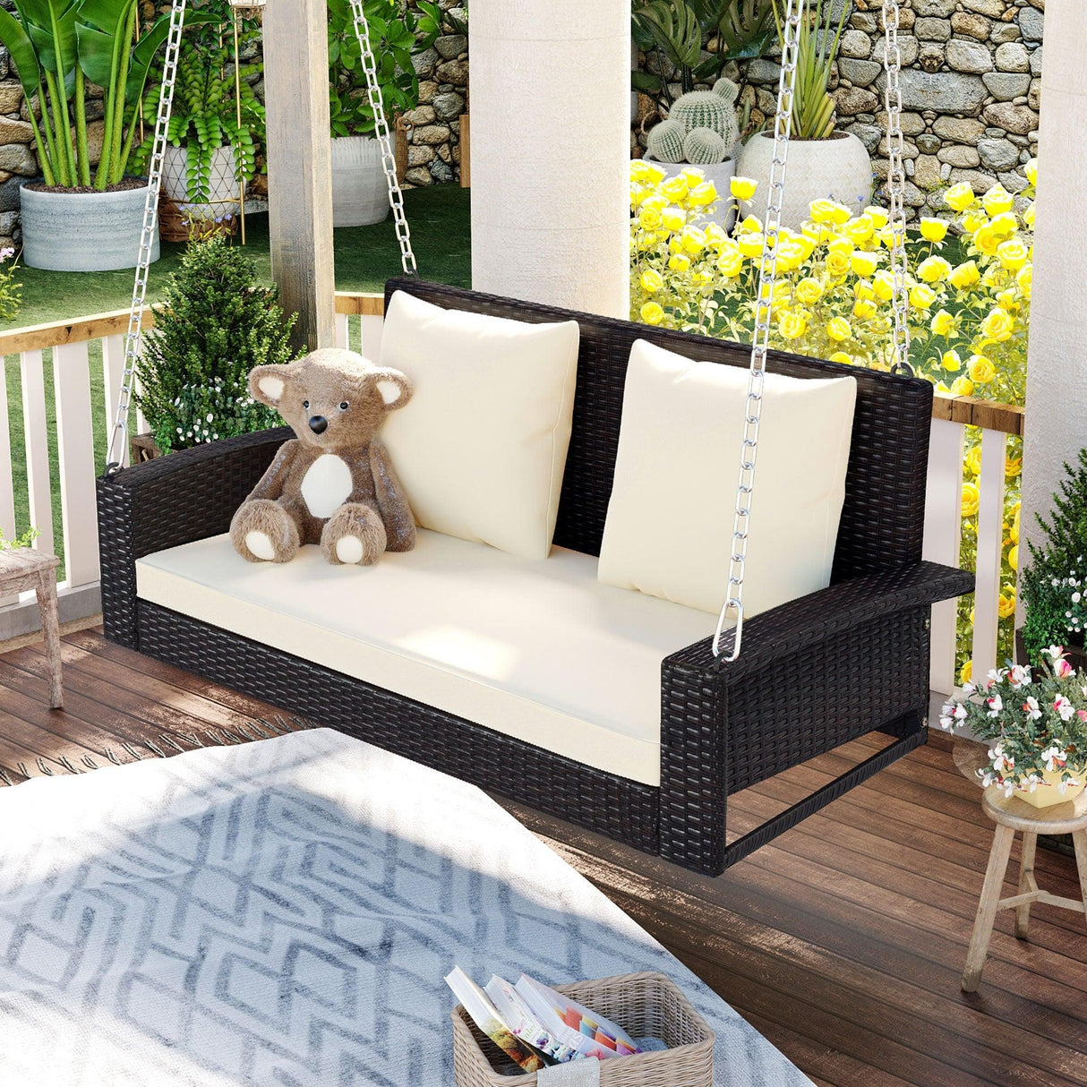 Wicker Hanging Porch Swing with Chains - LuxNovaHub 