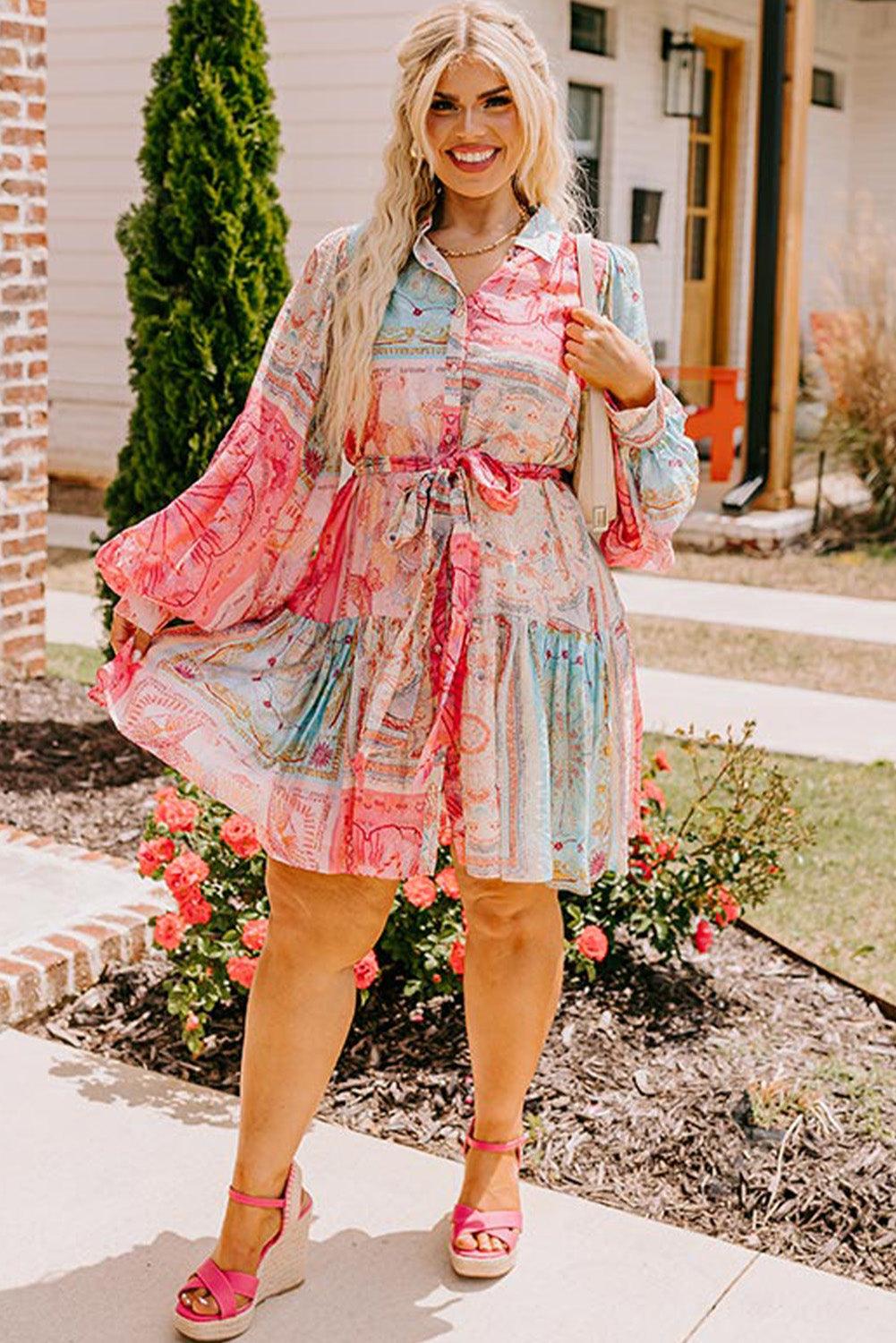 Chic Pink Patchwork Print Plus Size Dress - LuxNovaHub 