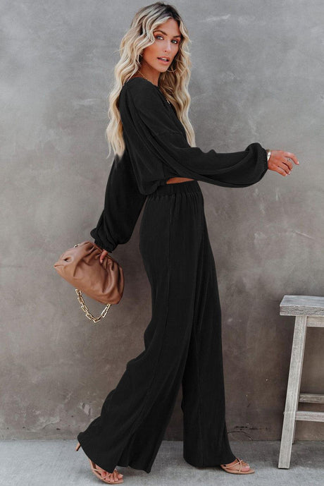 Black Corded Cropped Pullover and Wide Leg Pants Set - LuxNovaHub 