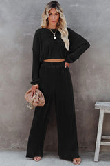 Black Corded Cropped Pullover and Wide Leg Pants Set - LuxNovaHub 