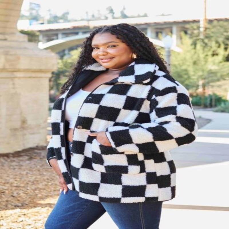 Checkered Button Front Coat with Pockets - LuxNovaHub 