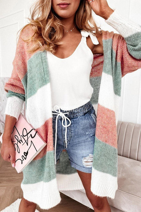 Green Colorblock Stripe Open-Front Cardigan - LuxNovaHub 