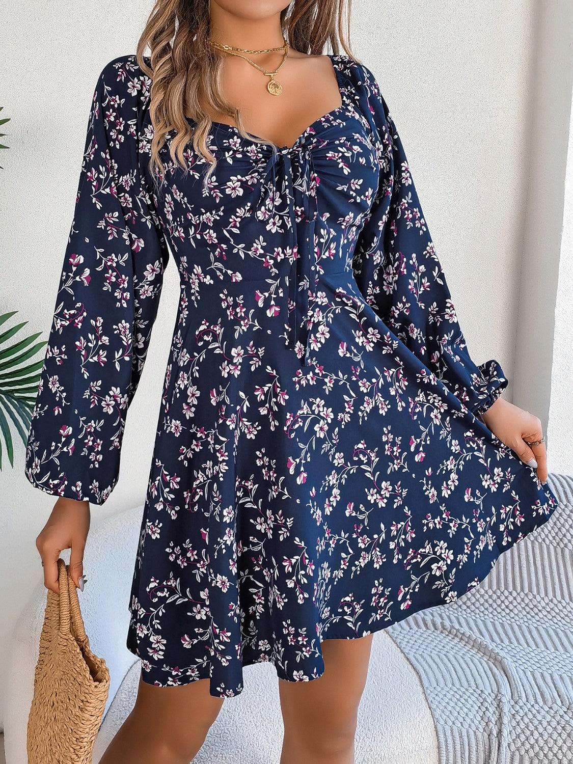 Printed Sweetheart Neck Balloon Sleeve - LuxNovaHub 