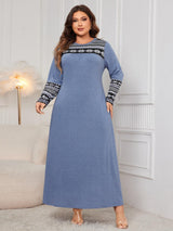 Plus Size Printed Round Neck Long Sleeve Dress - LuxNovaHub 