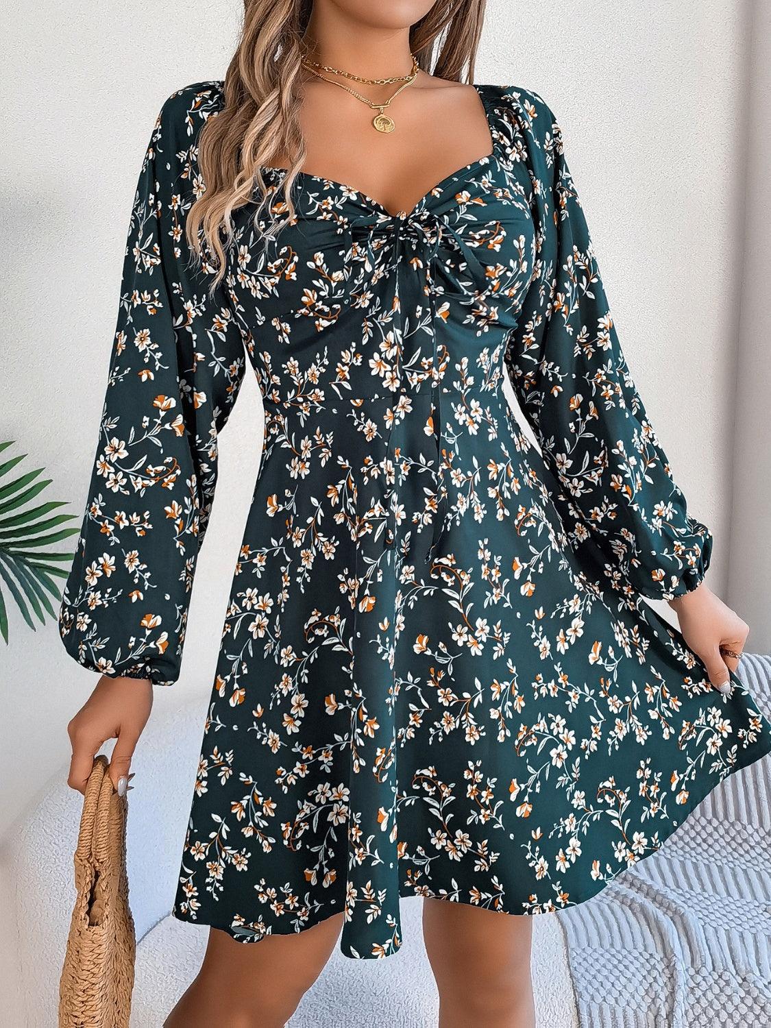 Printed Sweetheart Neck Balloon Sleeve - LuxNovaHub 