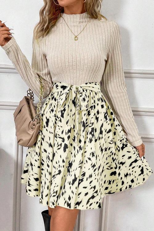 Beige Ribbed Knit Belted A-line Dress - LuxNovaHub 