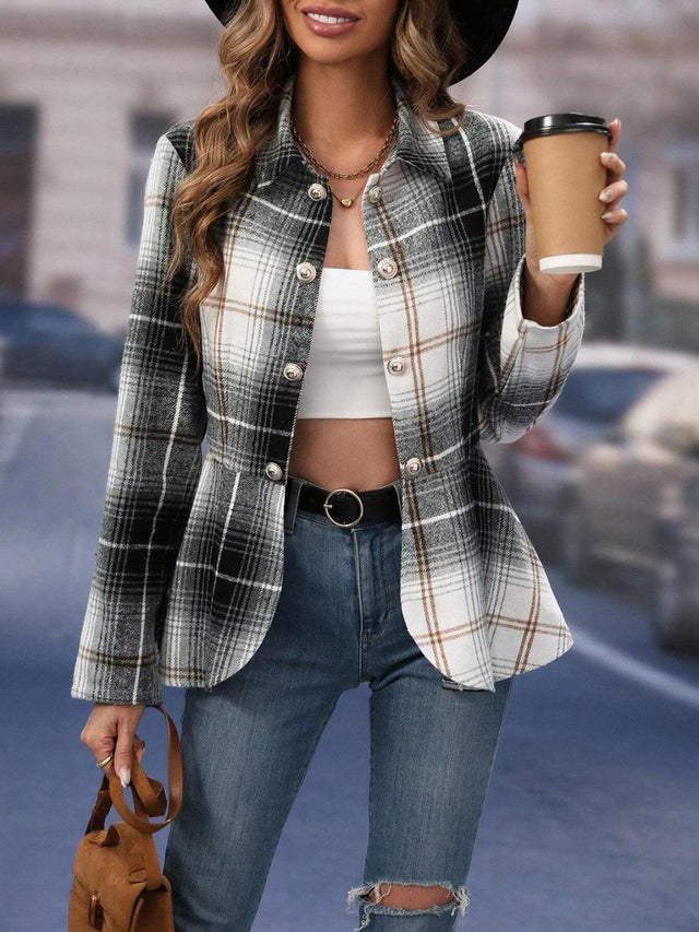 Plaid Button Up Long Sleeve Jacket - LuxNovaHub 