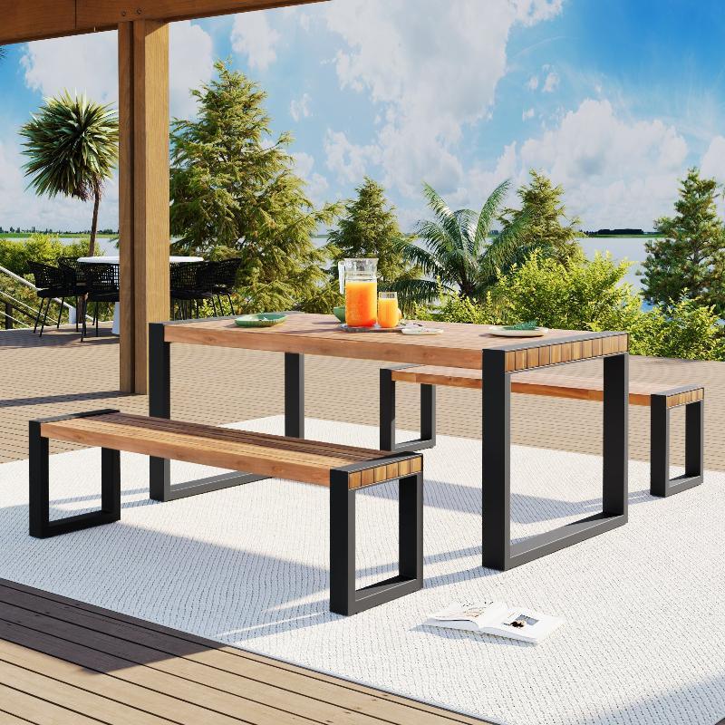 3-pieces Outdoor Dining Table With 2 Benches - LuxNovaHub 