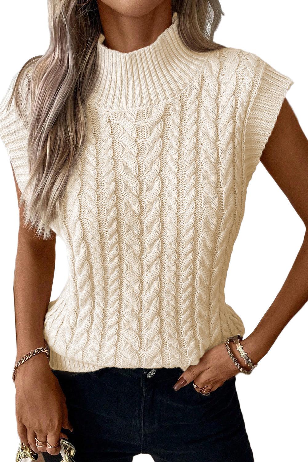 Oatmeal Cable Knit High Neck Sweater Vest - LuxNovaHub 