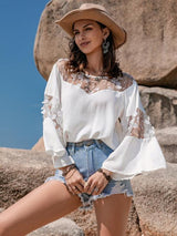 Lace Round Neck Long Sleeve Blouse - LuxNovaHub 