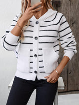 Striped Button Up Long Sleeve Hooded Cardigan - LuxNovaHub 