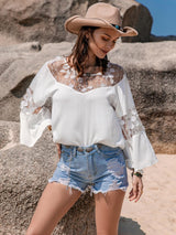 Lace Round Neck Long Sleeve Blouse - LuxNovaHub 