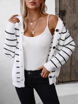 Striped Button Up Long Sleeve Hooded Cardigan - LuxNovaHub 