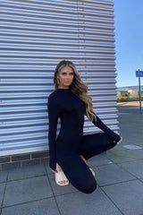 Black High Neck Long Sleeve Jumpsuit - LuxNovaHub 