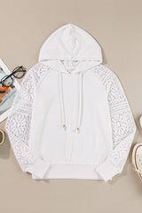 White Lace Patchwork Sleeve Drawstring Hoodie - LuxNovaHub 