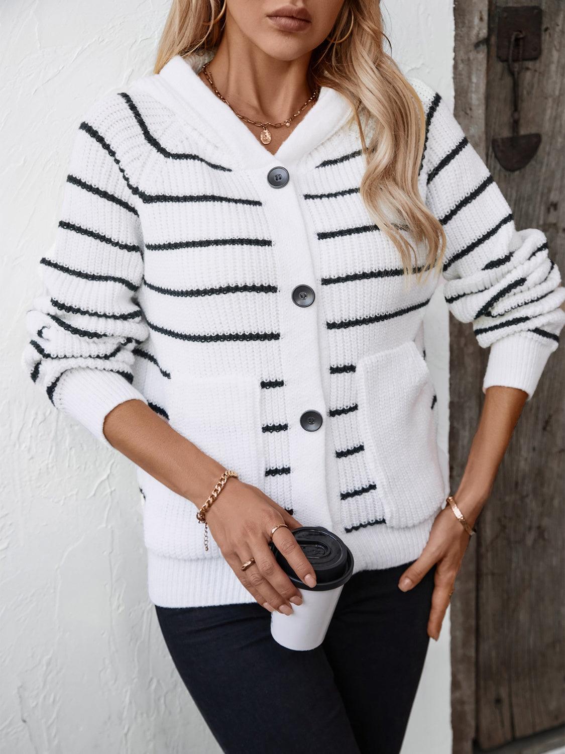 Striped Button Up Long Sleeve Hooded Cardigan - LuxNovaHub 