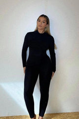 Black High Neck Long Sleeve Jumpsuit - LuxNovaHub 