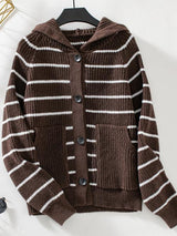 Striped Button Up Long Sleeve Hooded Cardigan - LuxNovaHub 