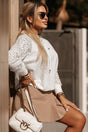 White Lace Patchwork Sleeve Drawstring Hoodie - LuxNovaHub 