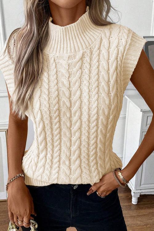 Oatmeal Cable Knit High Neck Sweater Vest - LuxNovaHub 