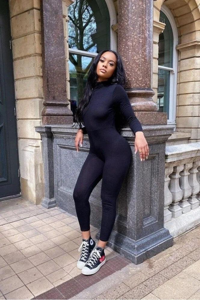 Black High Neck Long Sleeve Jumpsuit - LuxNovaHub 