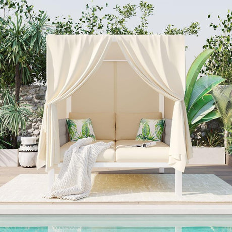 Outdoor Patio Sunbed with Curtains, High Comfort, Suitable - LuxNovaHub 