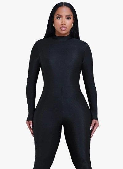 Black High Neck Long Sleeve Jumpsuit - LuxNovaHub 