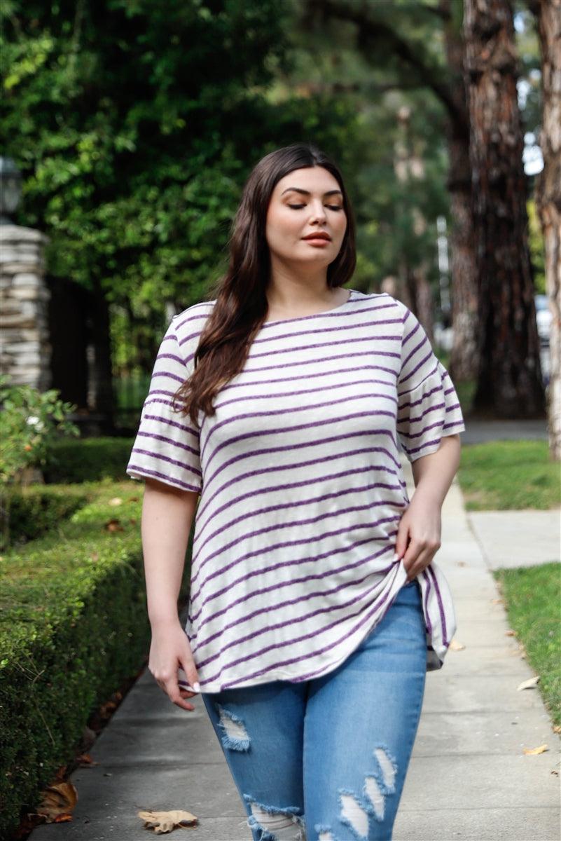 Plus Stripe Bell Short Sleeve Top - LuxNovaHub 