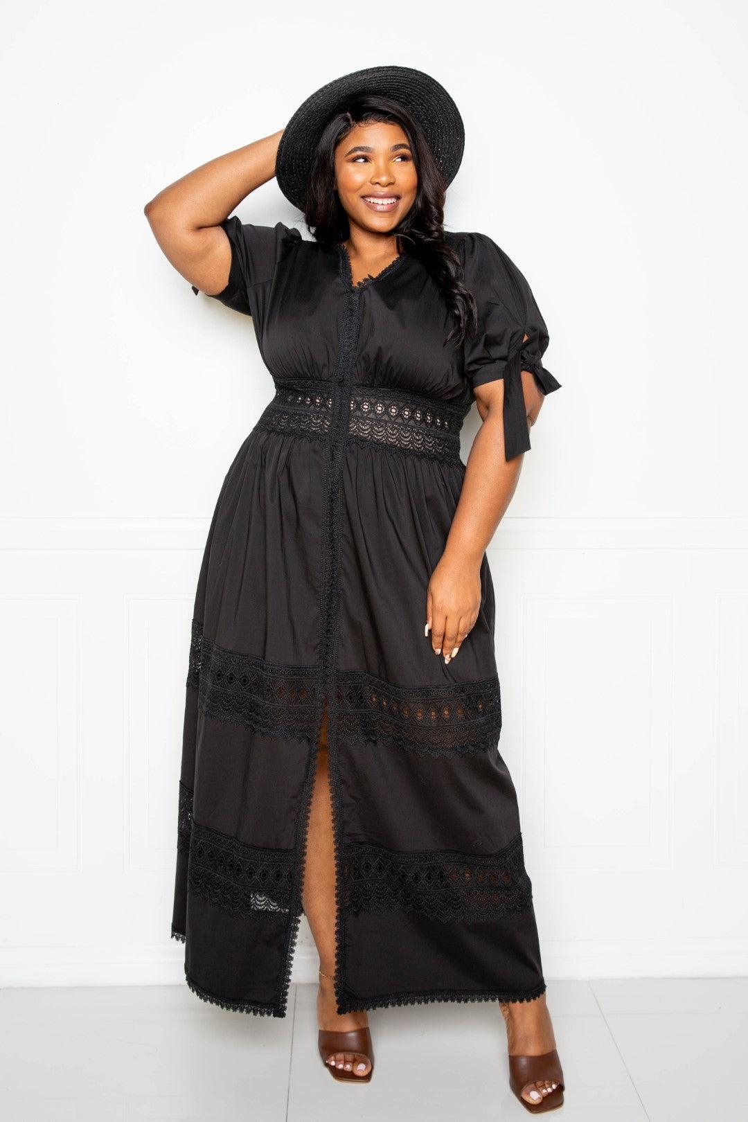 Puff Sleeve Maxi Dress With Lace Insert - LuxNovaHub 