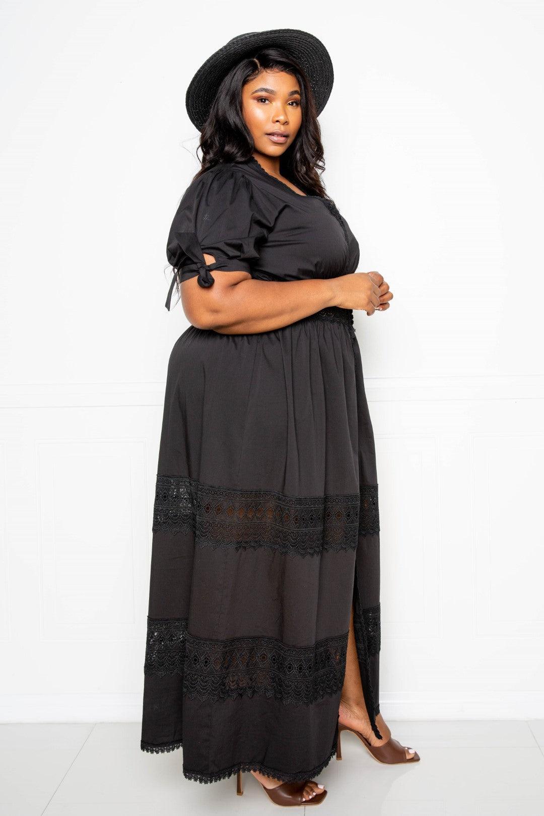 Puff Sleeve Maxi Dress With Lace Insert - LuxNovaHub 