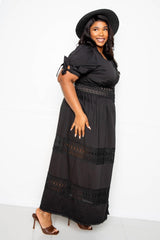 Puff Sleeve Maxi Dress With Lace Insert - LuxNovaHub 