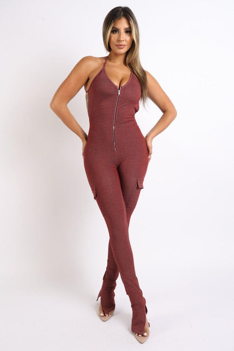 Cargo pocket halter jumpsuit - LuxNovaHub 