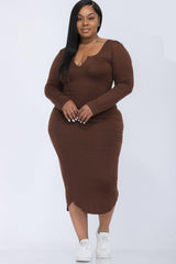 Split Neck Long Sleeve Midi Dress - LuxNovaHub 