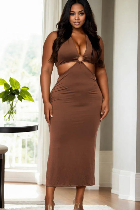 Plus Size Cut-out Halter Neck Double Back - LuxNovaHub 