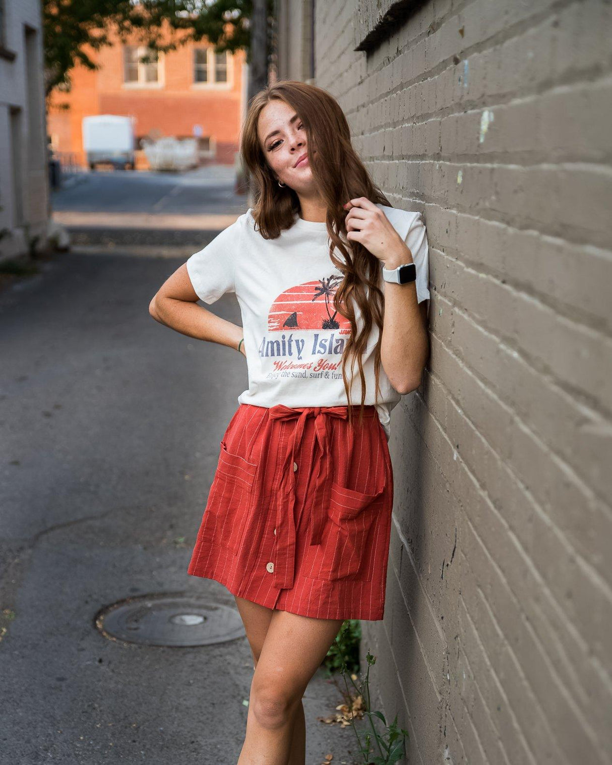 Coconut button Stripe Woven Skirt With Belt in Rust - LuxNovaHub 