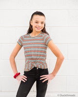 Girls Red & Black Striped Twist-Front Tee - LuxNovaHub 