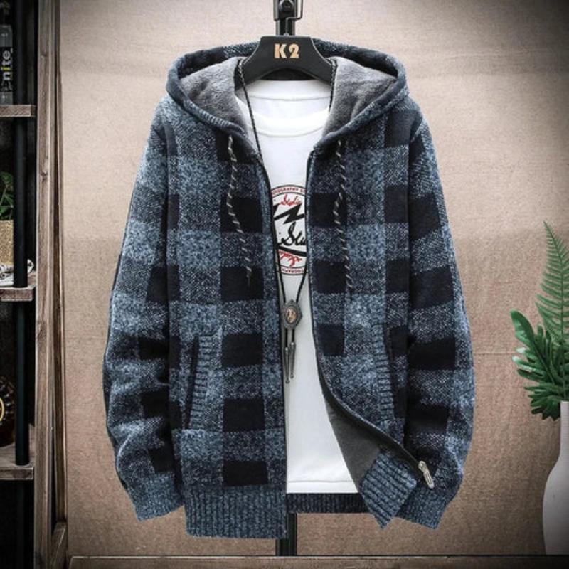 Mens Hooded Plaid Zipped Up Jacket - LuxNovaHub 