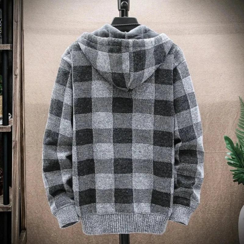 Mens Hooded Plaid Zipped Up Jacket - LuxNovaHub 