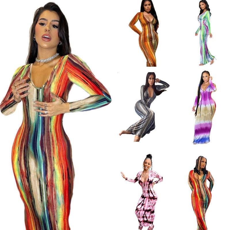 Tie Dye Print Sexy Dress Long Sleeve - LuxNovaHub 