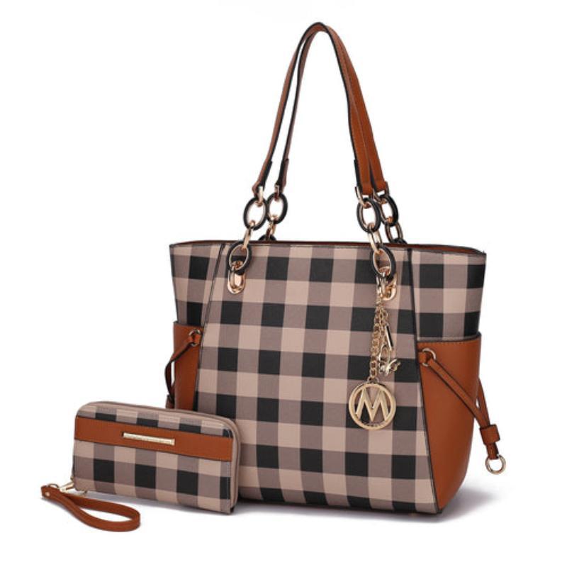 Yale Checkered Tote Bag with Wallet - LuxNovaHub 