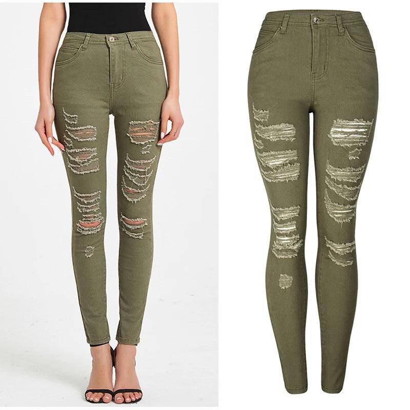 Women's High Waist Piercing Jeans Military - LuxNovaHub 