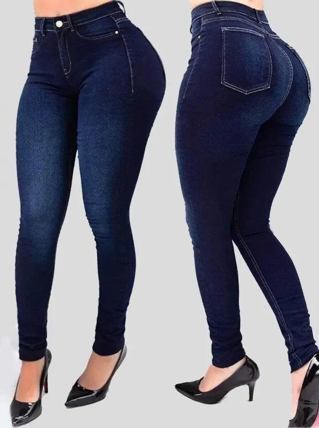 Woman's pure color jeans denim high waist - LuxNovaHub 