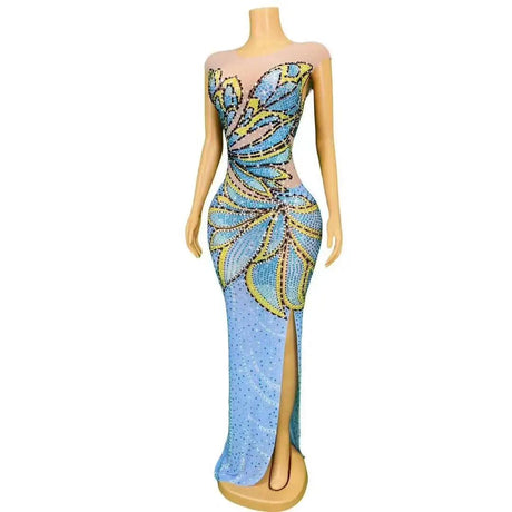 Blue Rhinestones Flower Birthday Dress Women - LuxNovaHub 