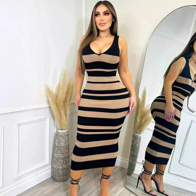 Elegant V-Neck Striped Maxi - LuxNovaHub 