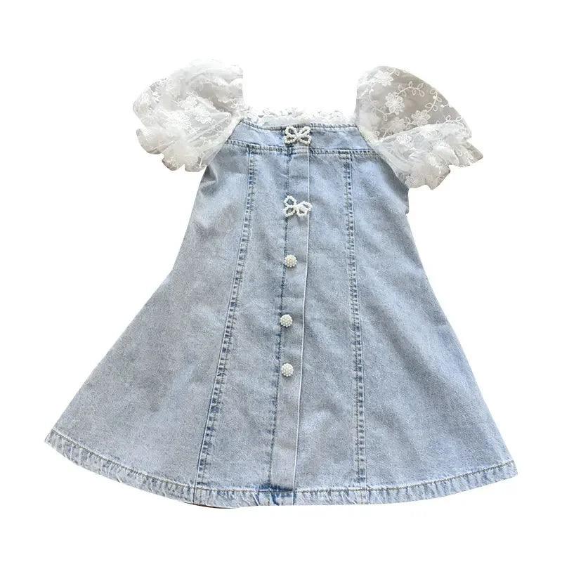 Children Girls Beads Lace Sleeve Denim - LuxNovaHub 