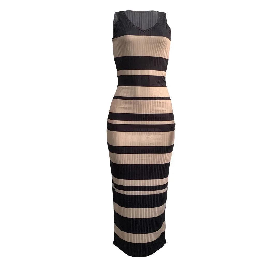 Elegant V-Neck Striped Maxi - LuxNovaHub 