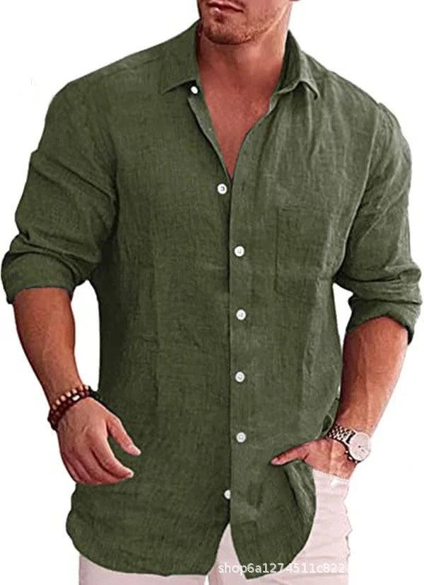 Men's Loose Solid Shirt Flax Polo Collar Long Sleeve - LuxNovaHub 