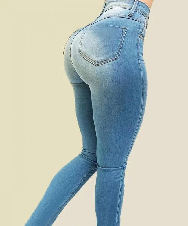 Woman's pure color jeans denim high waist - LuxNovaHub 