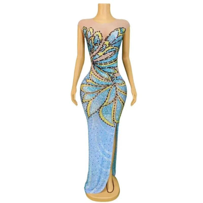 Blue Rhinestones Flower Birthday Dress Women - LuxNovaHub 